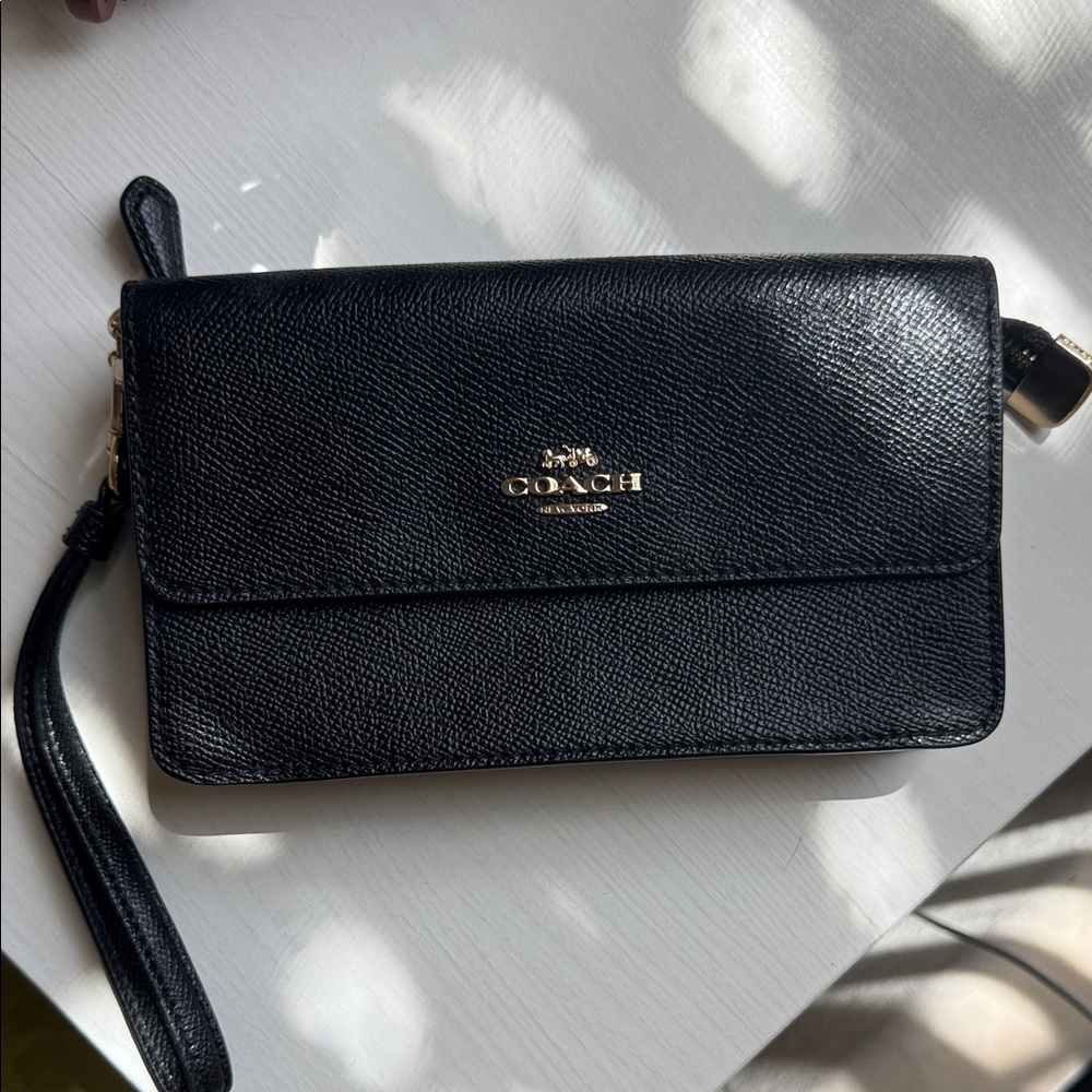Coach Black Leather Wristlet with Gold Logo